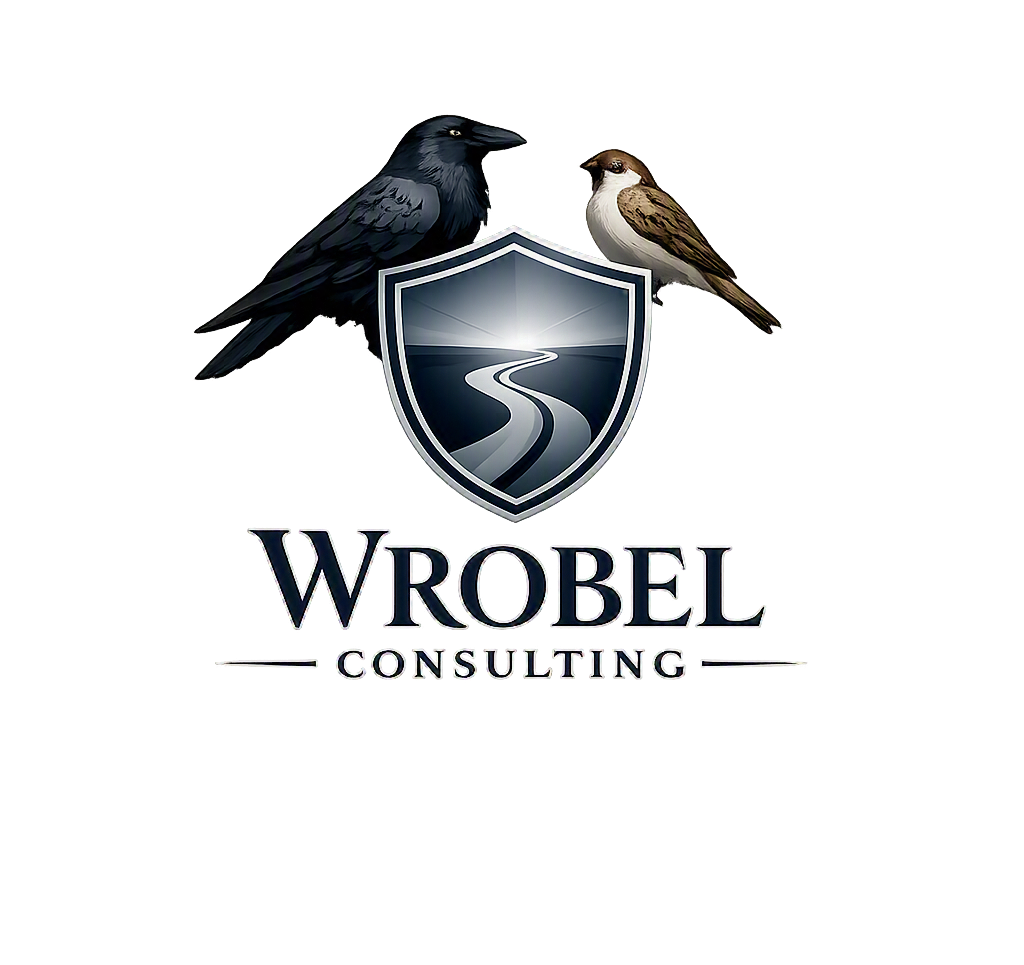 Wrobel Consulting – Logo mit Raben, Spatz und Wappen